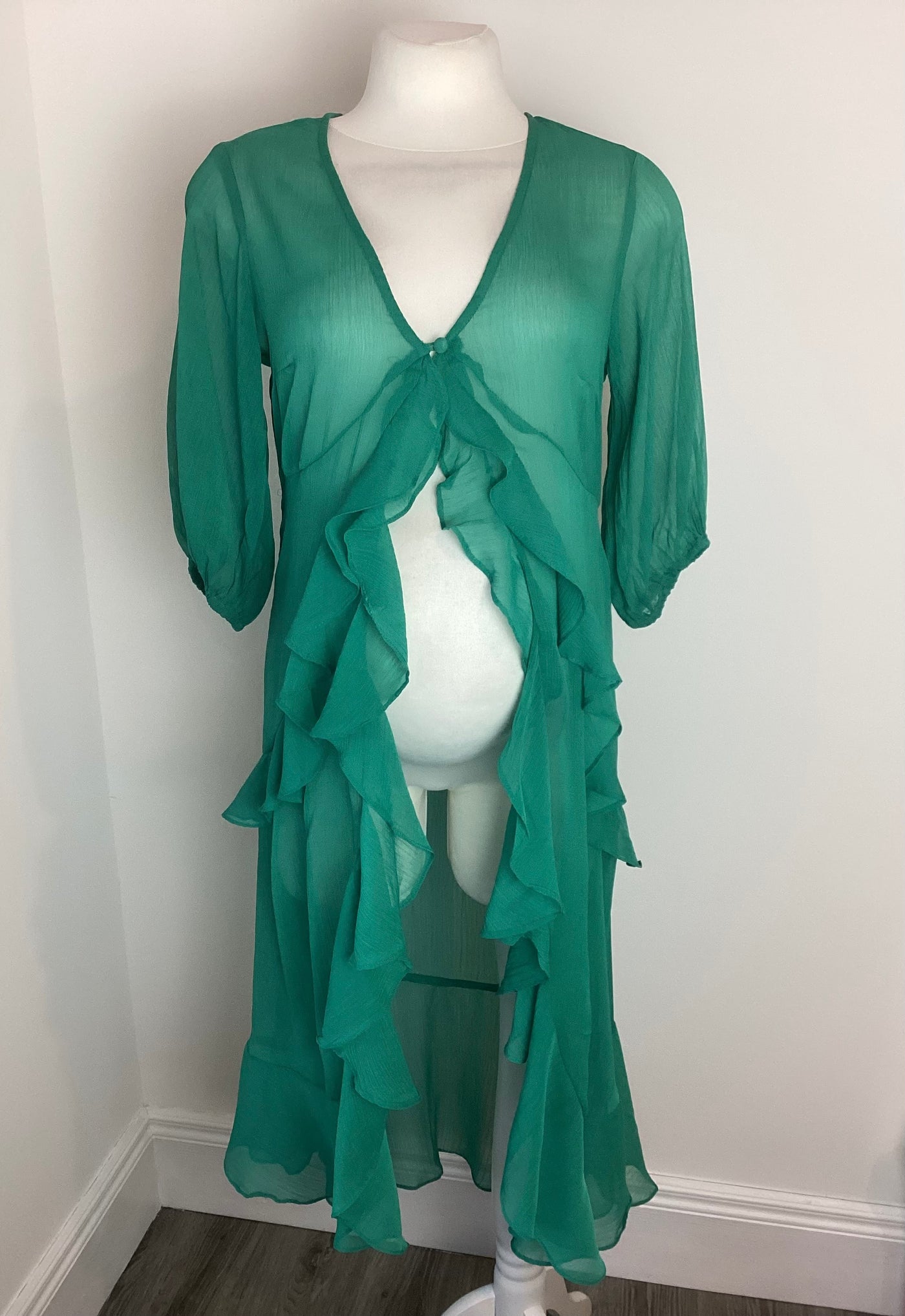 Asos Maternity green sheer one button, long line frill cardigan - Size 10
