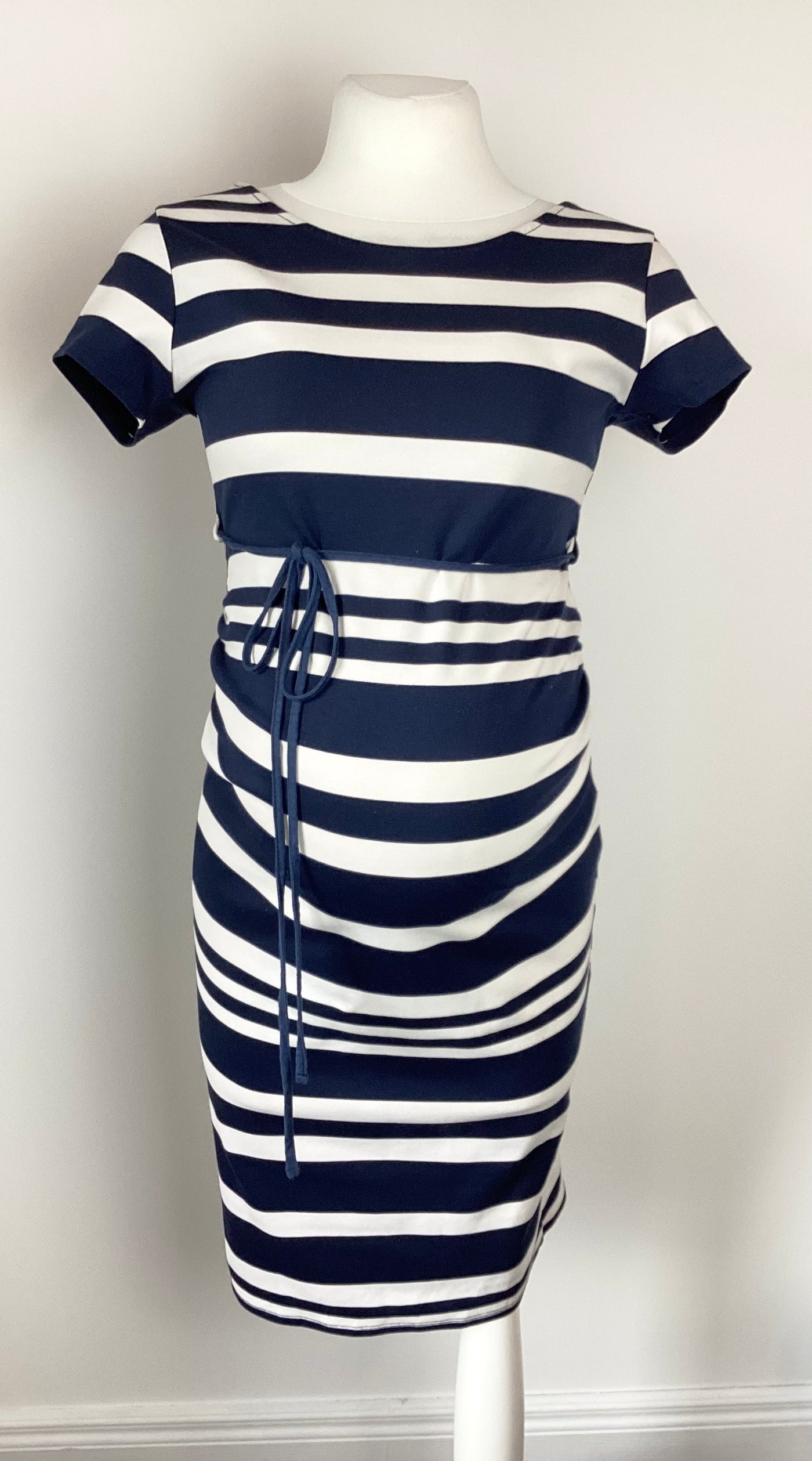 Next Maternity navy and white striped short sleeve dress with waist tie - Size 8