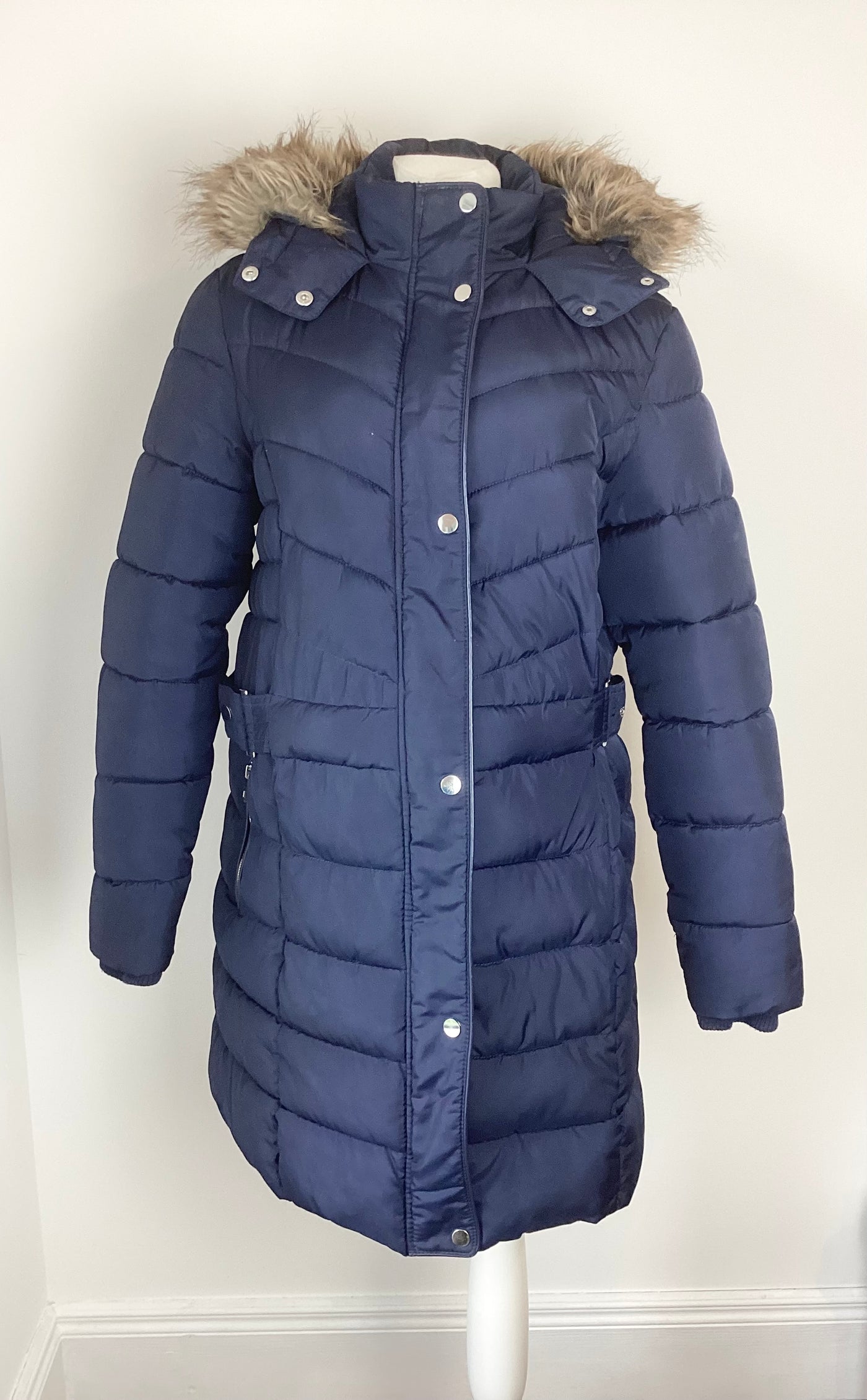 New Look Maternity navy padded coat with fur hood - Size 12
