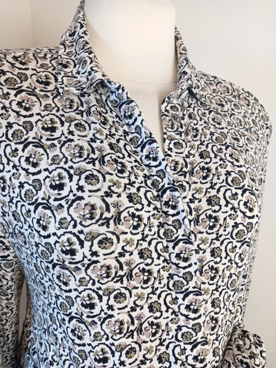 Next Maternity black, white & khaki floral print button front dress with waist tie - Size 14