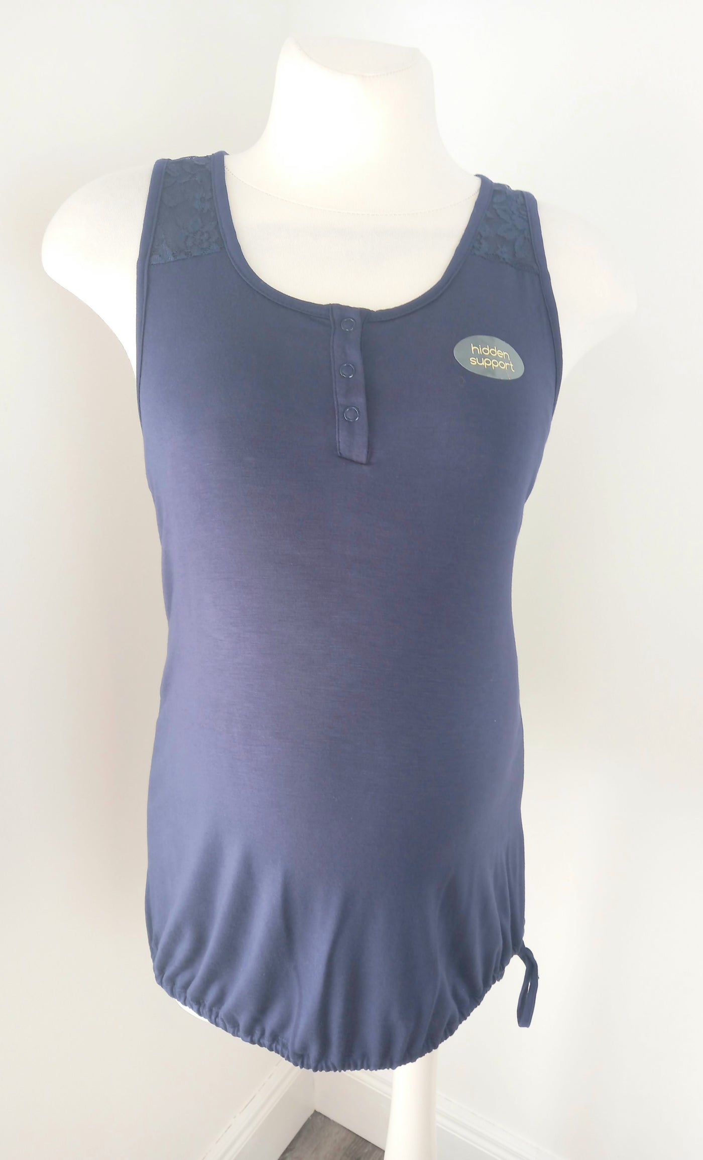 Blooming Marvellous navy sleeveless nursing top with lace shoulder detail, drawstring bottom and popper buttons (BNWT) - Size L (Approx UK 12/14)
