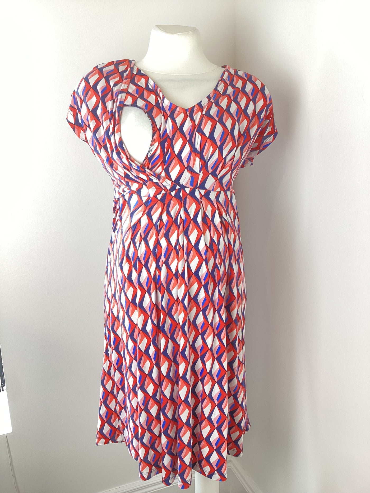 Jojo Maman Bebe red, white, orange & navy geometric maternity & nursing dress - Size S (Approx UK 8/10)
