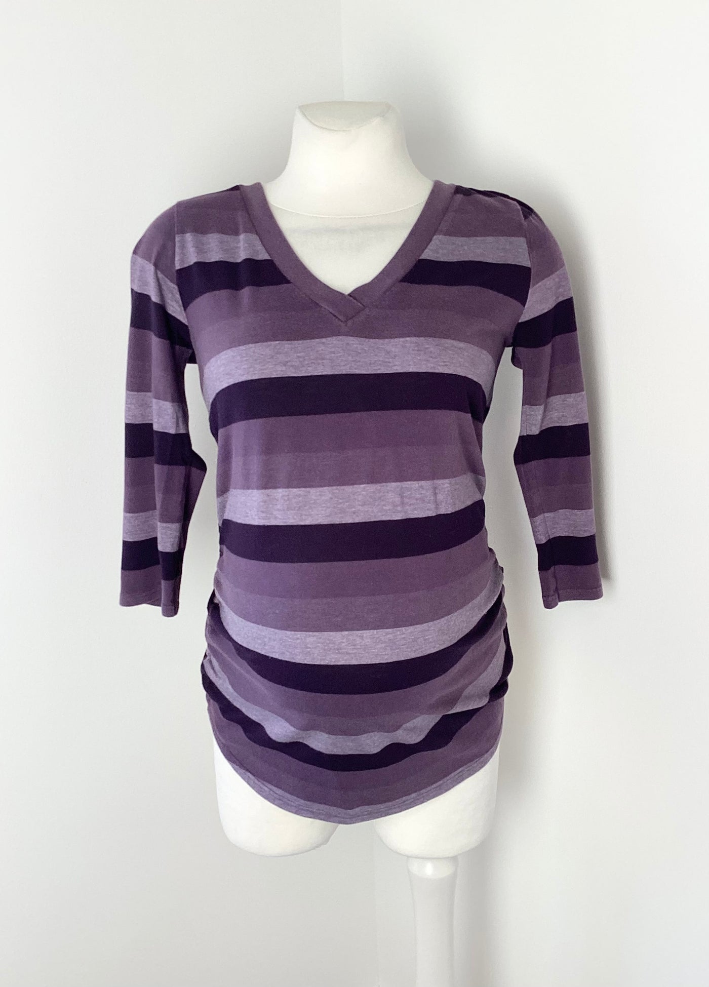 Dorothy Perkins Maternity purple stripe v-neck top with 3/4 sleeves - Size 10