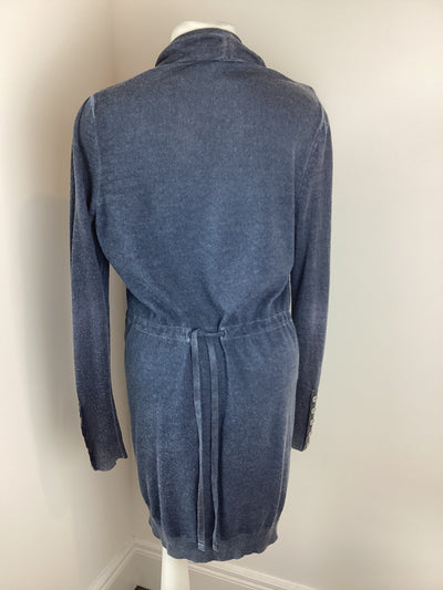 Mint Velvet blue long length cardigan with zip pockets, button detail and waist tie - Size 10