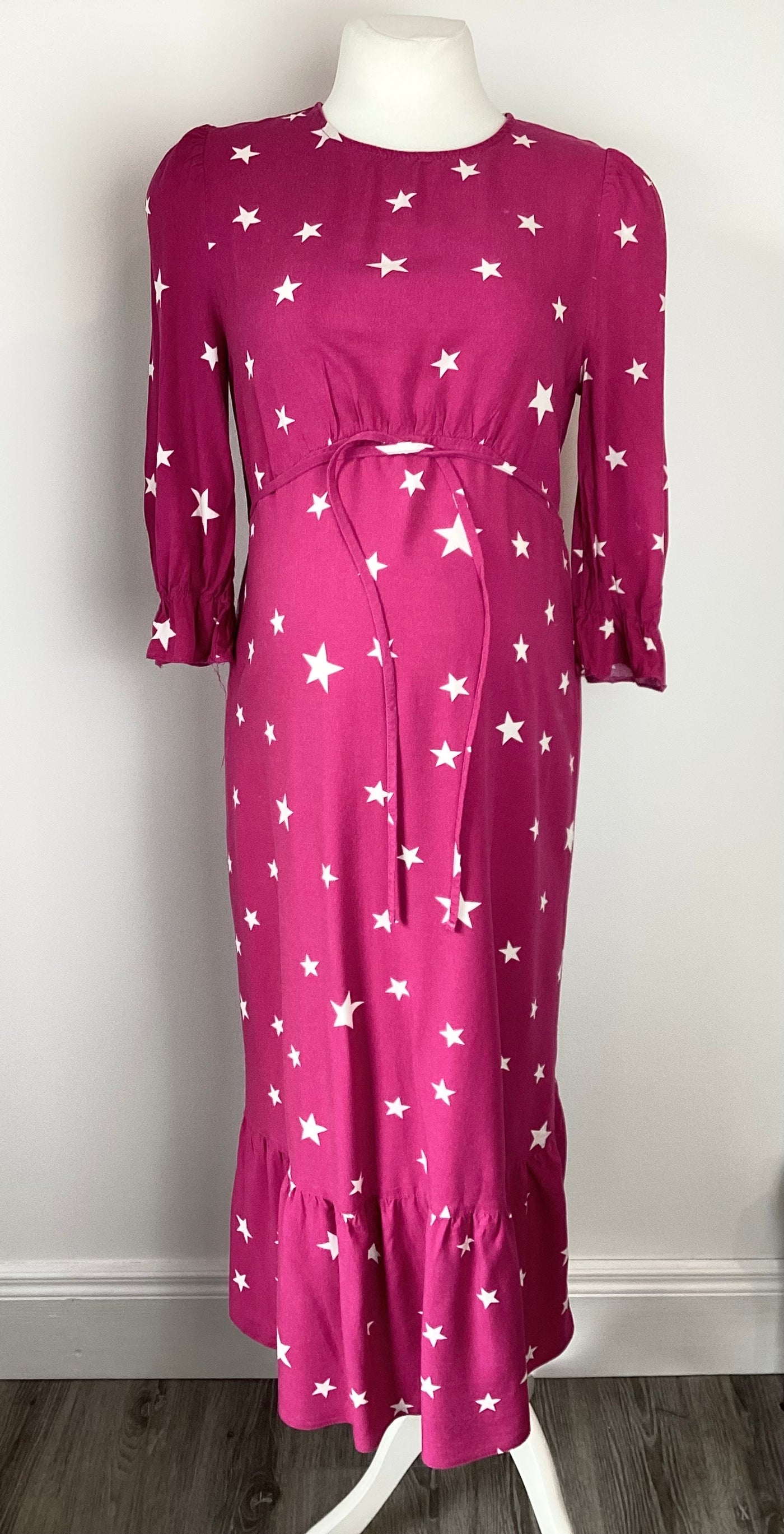 Nobody's Child Maternity cerise pink and white star print dress with waist tie - Size 10