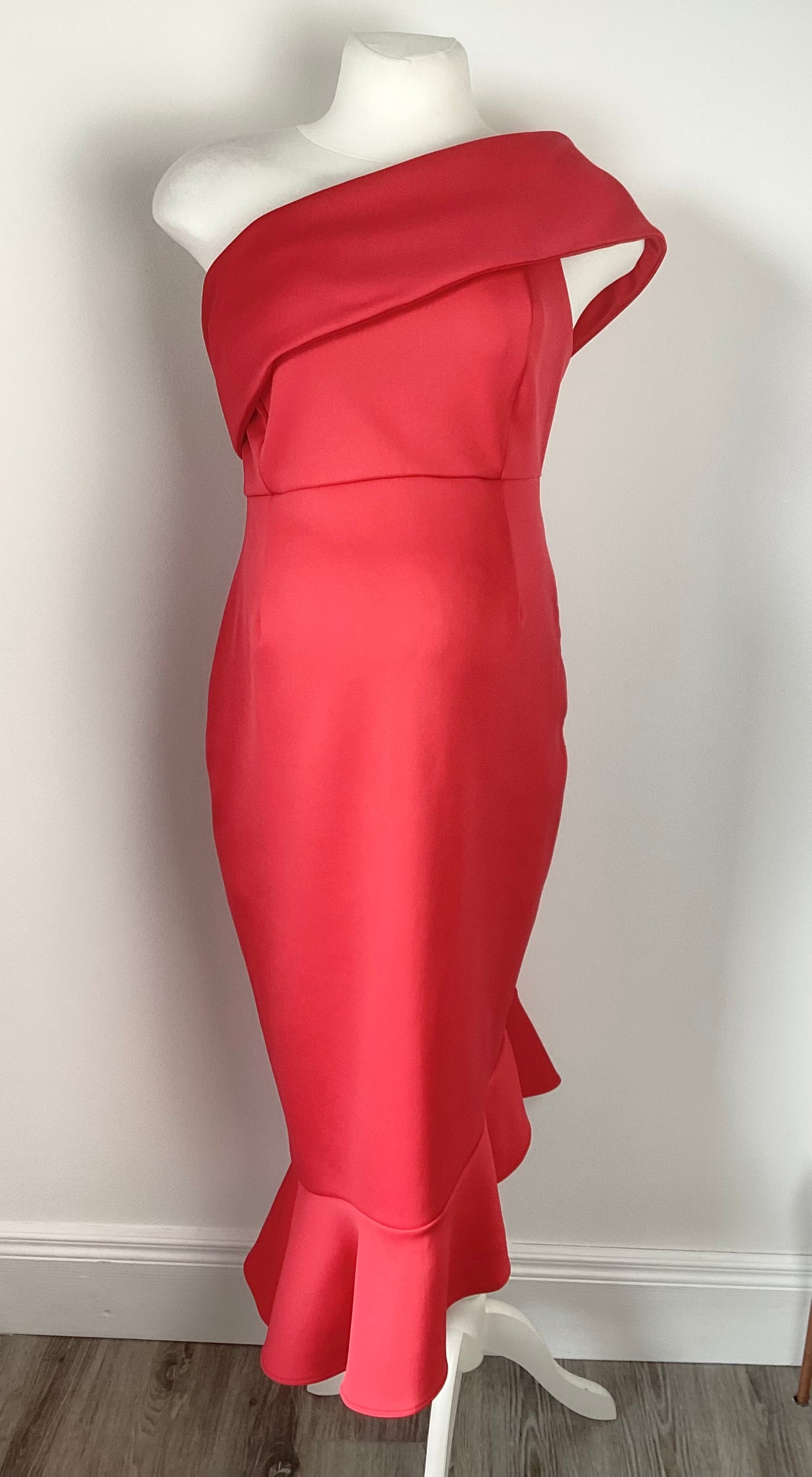 Red one shoulder midi dress with frill bottom (no label) - Size 16