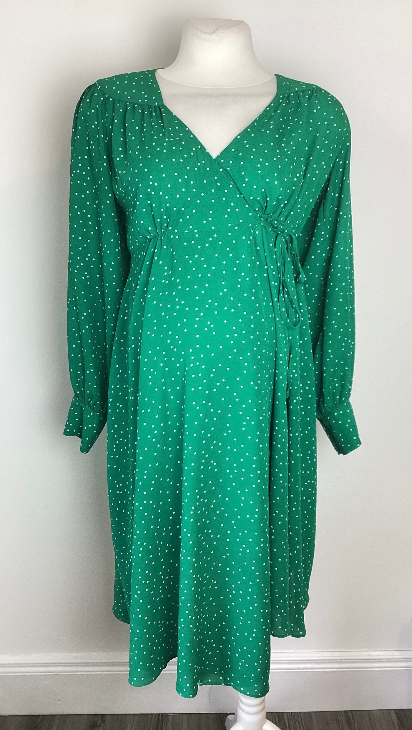 Topshop Maternity green & white polkadot wrapover maternity & nursing dress - Size 8
