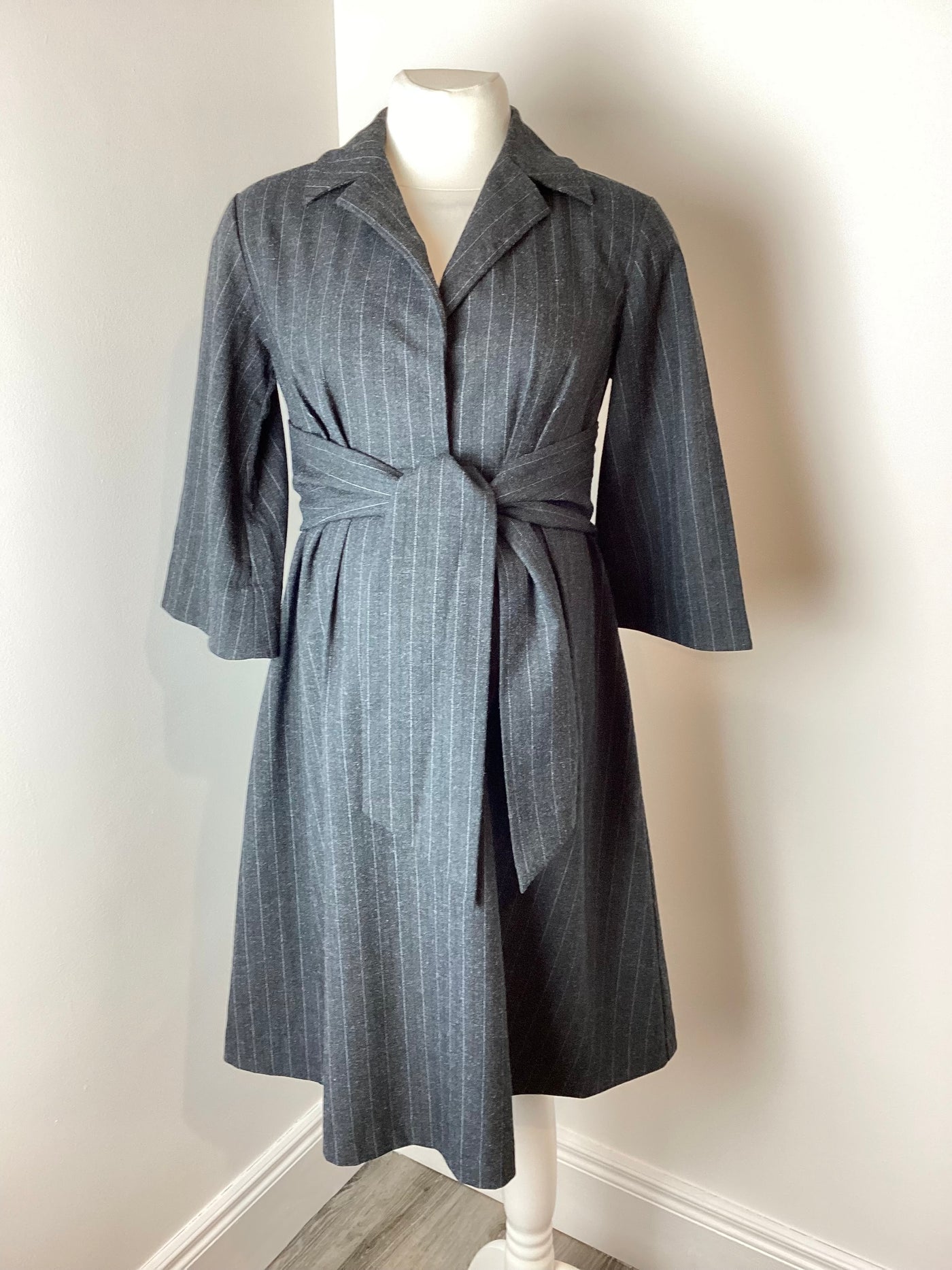 Isabella Oliver grey pinstripe dress with bell sleeves and waist tie - Size 1 (approx UK 8)