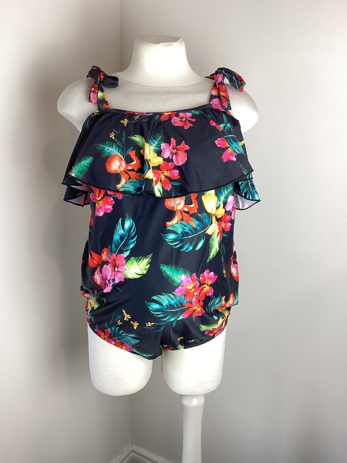 Bump It Up Maternity black, red & pink floral swimsuit with frill top - Size 18/20