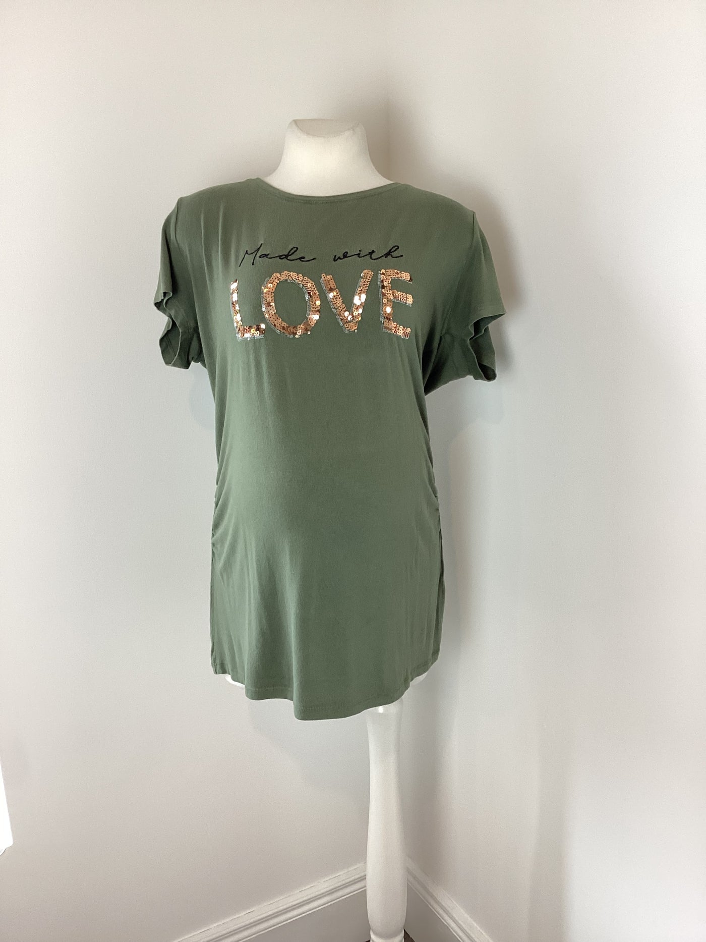 Peacocks Maternity khaki 'Made with Love' sequin t-shirt - Size 18