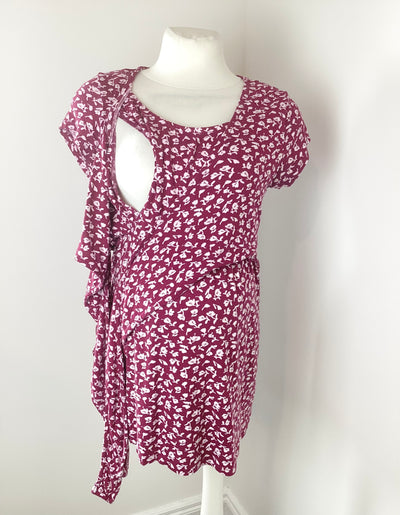 Jojo Maman Bebe burgundy & white floral tie-front maternity & nursing top - Size S (Approx UK 8/10)