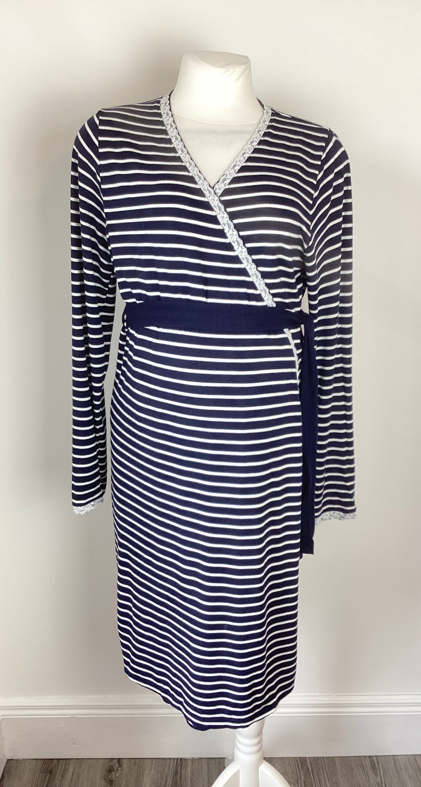 Jojo Maman Bebe navy & white stripe lace trim dressing gown with waist tie - Size S (Approx UK 8/10)