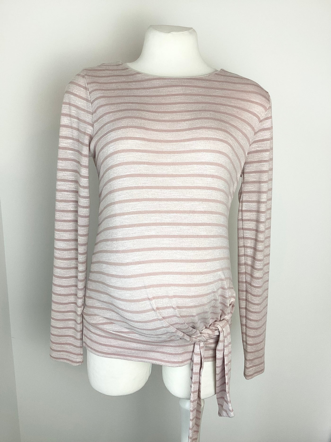 M&S Mum light pink striped long sleeve top with front tie - Size 10