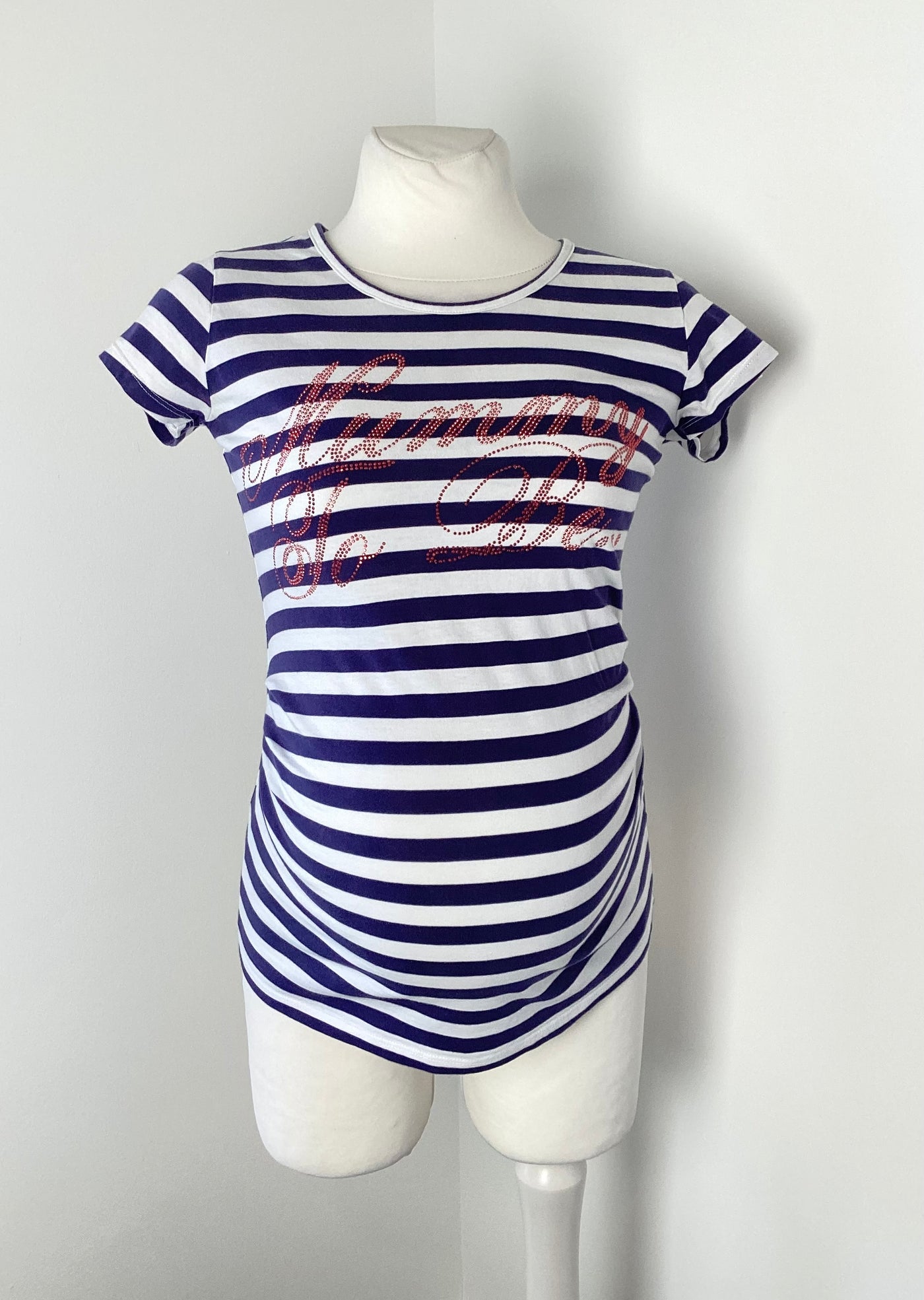 New Look Maternity navy & white striped t-shirt with red 'Mummy To Be' diamante logo - Size 8