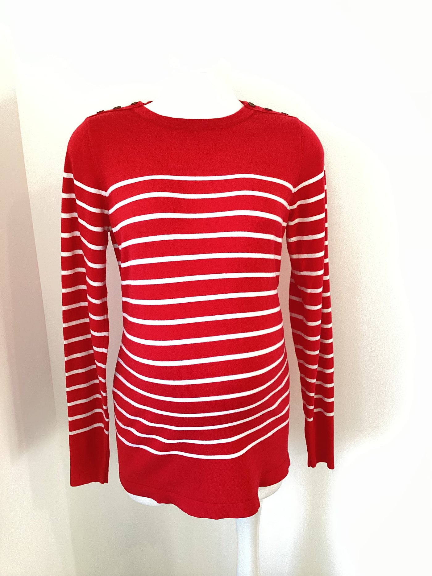 Jojo Maman Bebe red & white striped jumper with shoulder button detail - Size S (Approx UK 8/10)