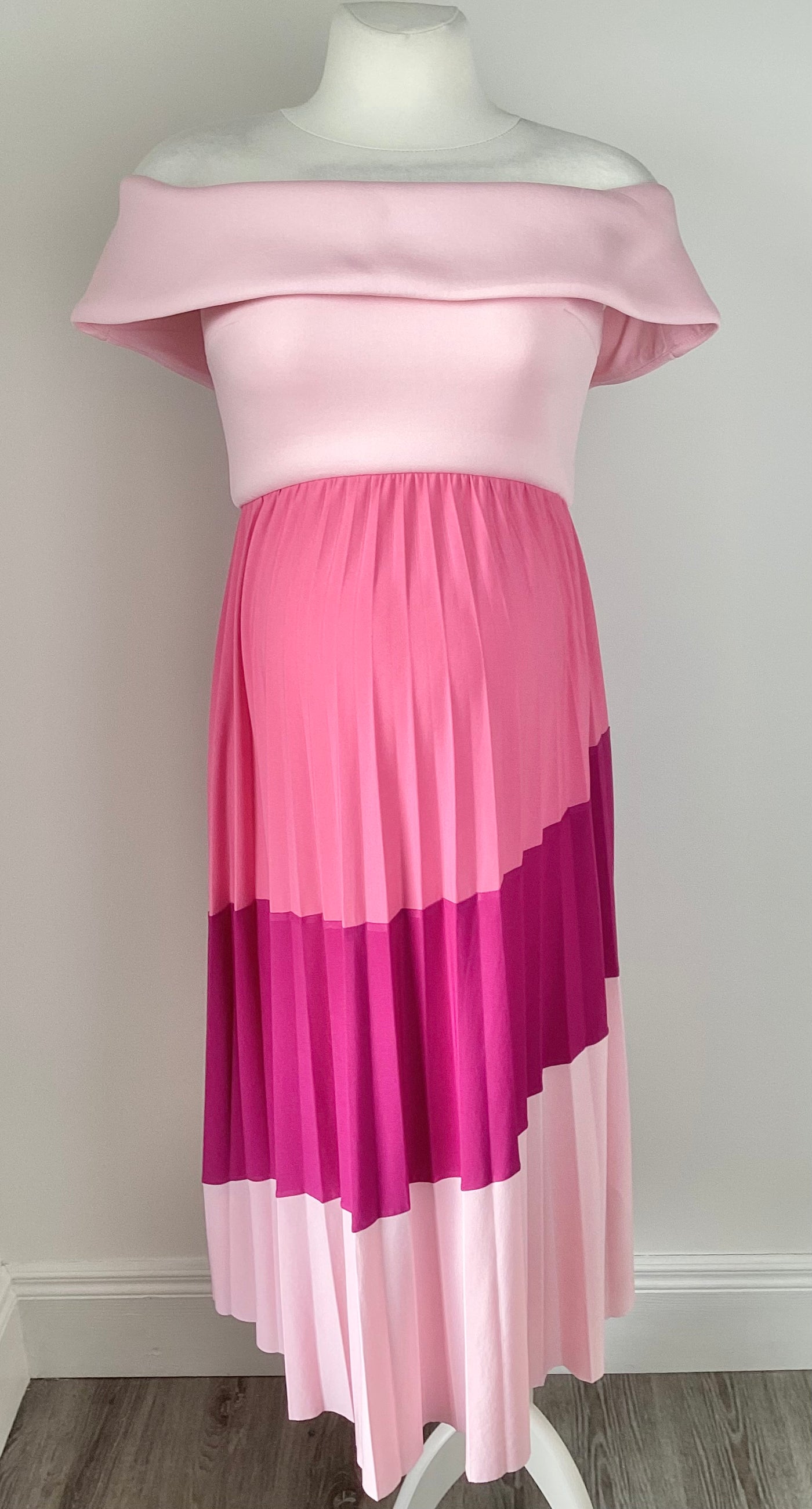 ASOS Maternity pink bardot dress with block colour pleat skirt - Size 10