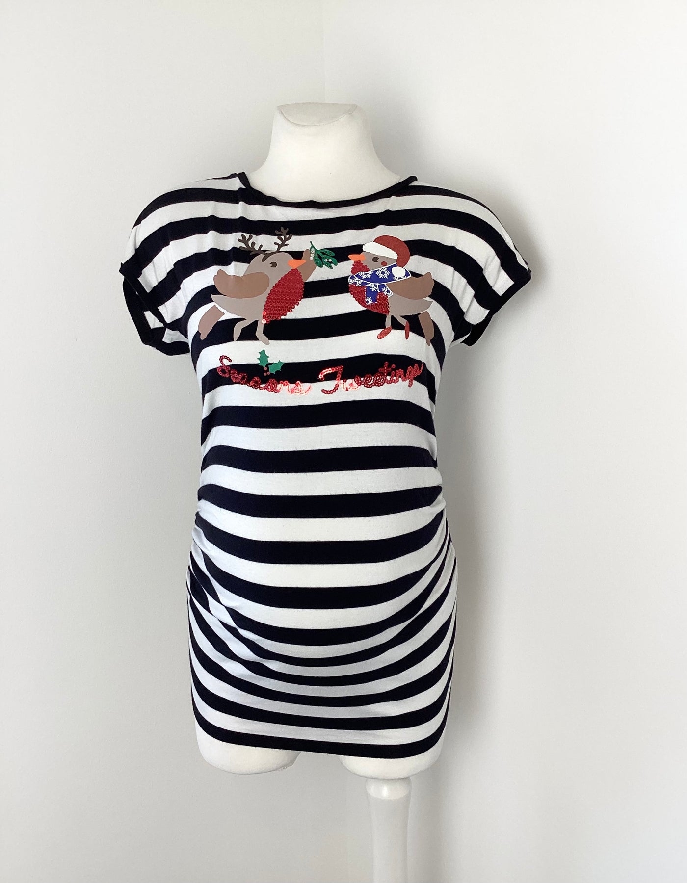 Red Herring Maternity black and white stripe 'Seasons Tweetings' Christmas t-shirt - Size 8 (more like 8/10)
