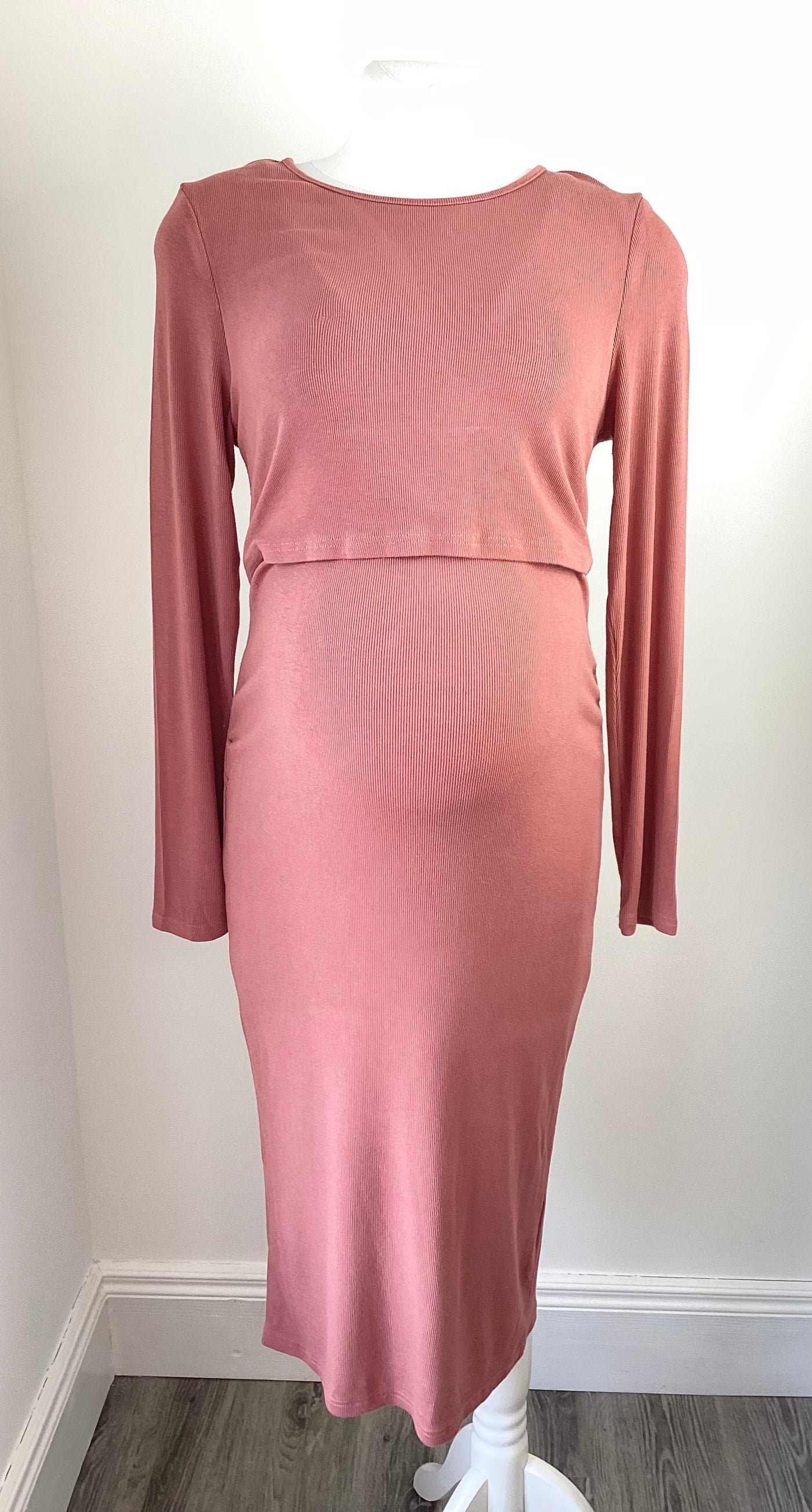 Shein Maternity dusky pink long sleeved ribbed nursing dress - Size L (Approx UK 12/14)