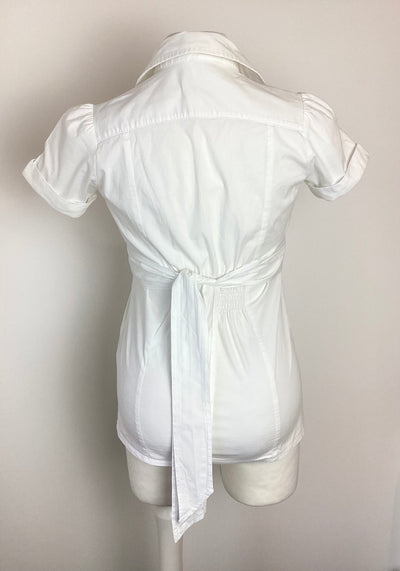 New Look Maternity white short sleeved, crossover front shirt with waist tie - Size 8