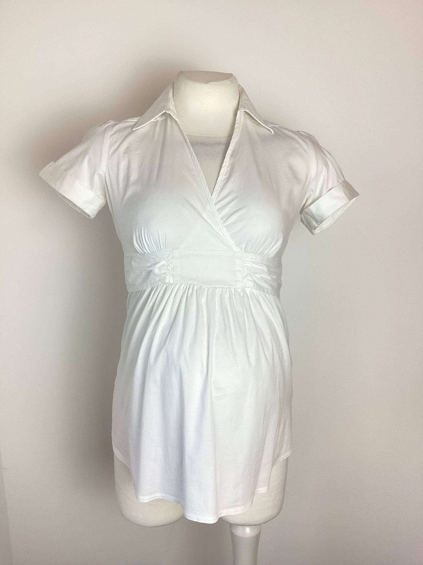 New Look Maternity white short sleeved, crossover front shirt with waist tie - Size 8