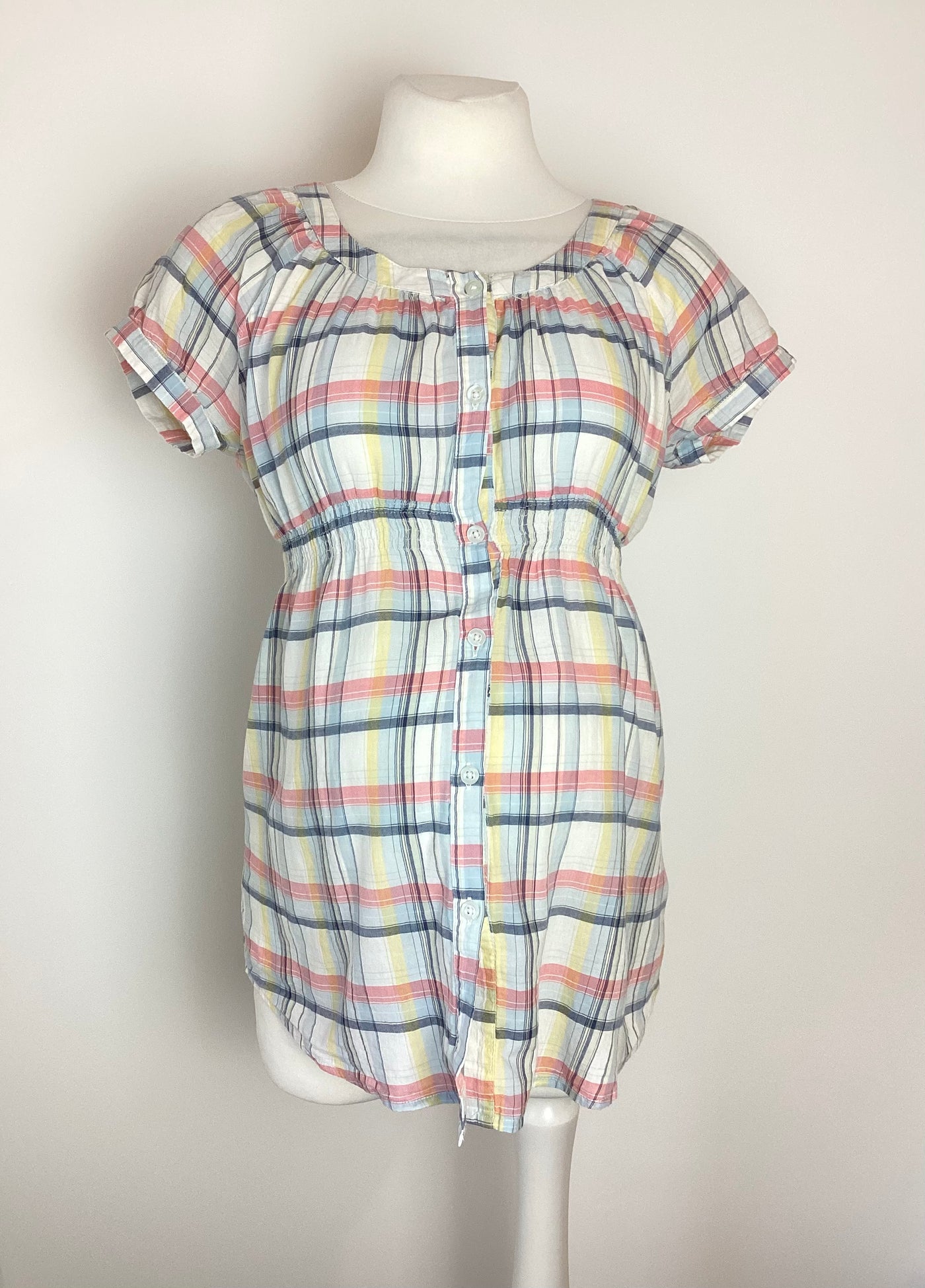 New Look Maternity pink, blue, yellow & white check short sleeved shirt - Size 8