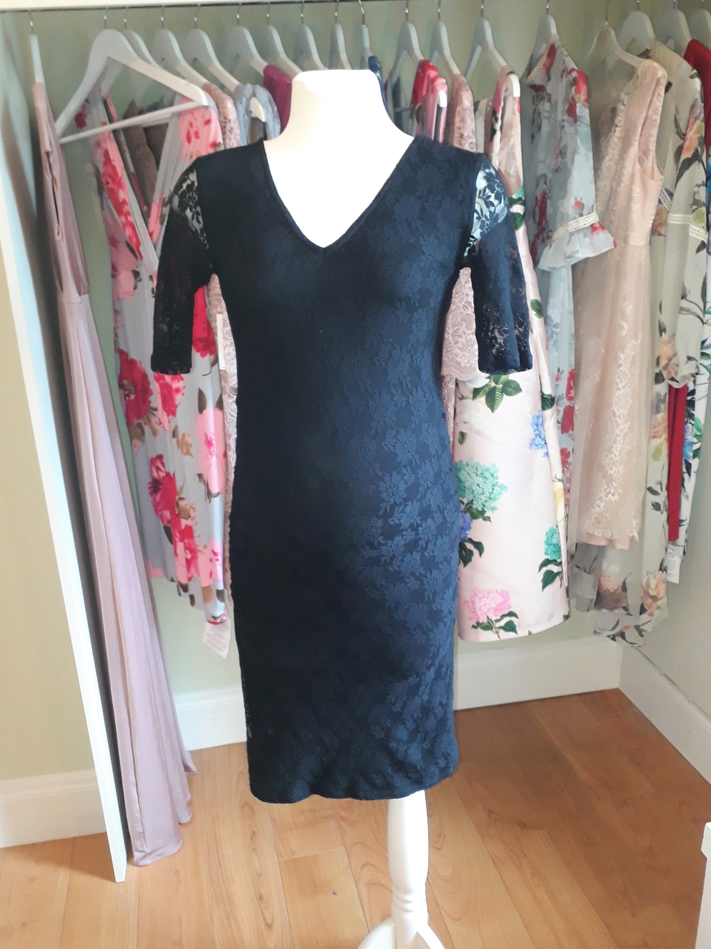 Isabella Oliver Black Lace Maternity Dress with Short Sleeves - Size 2 (UK 8/10)