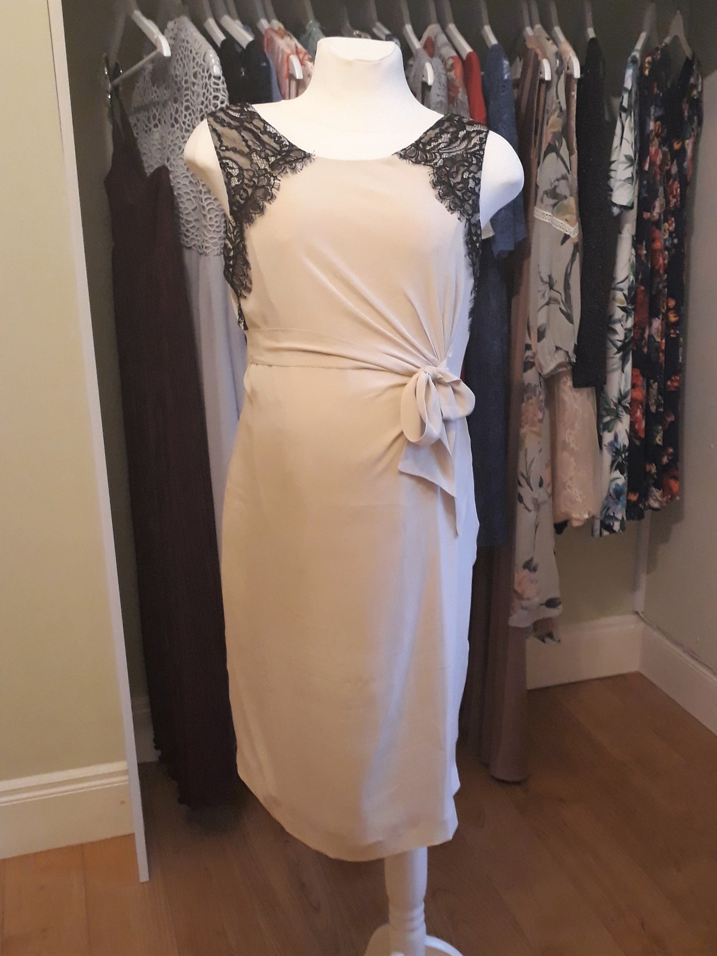 Seraphine Luxe Nude tie dress with black lace shoulders - Size 12