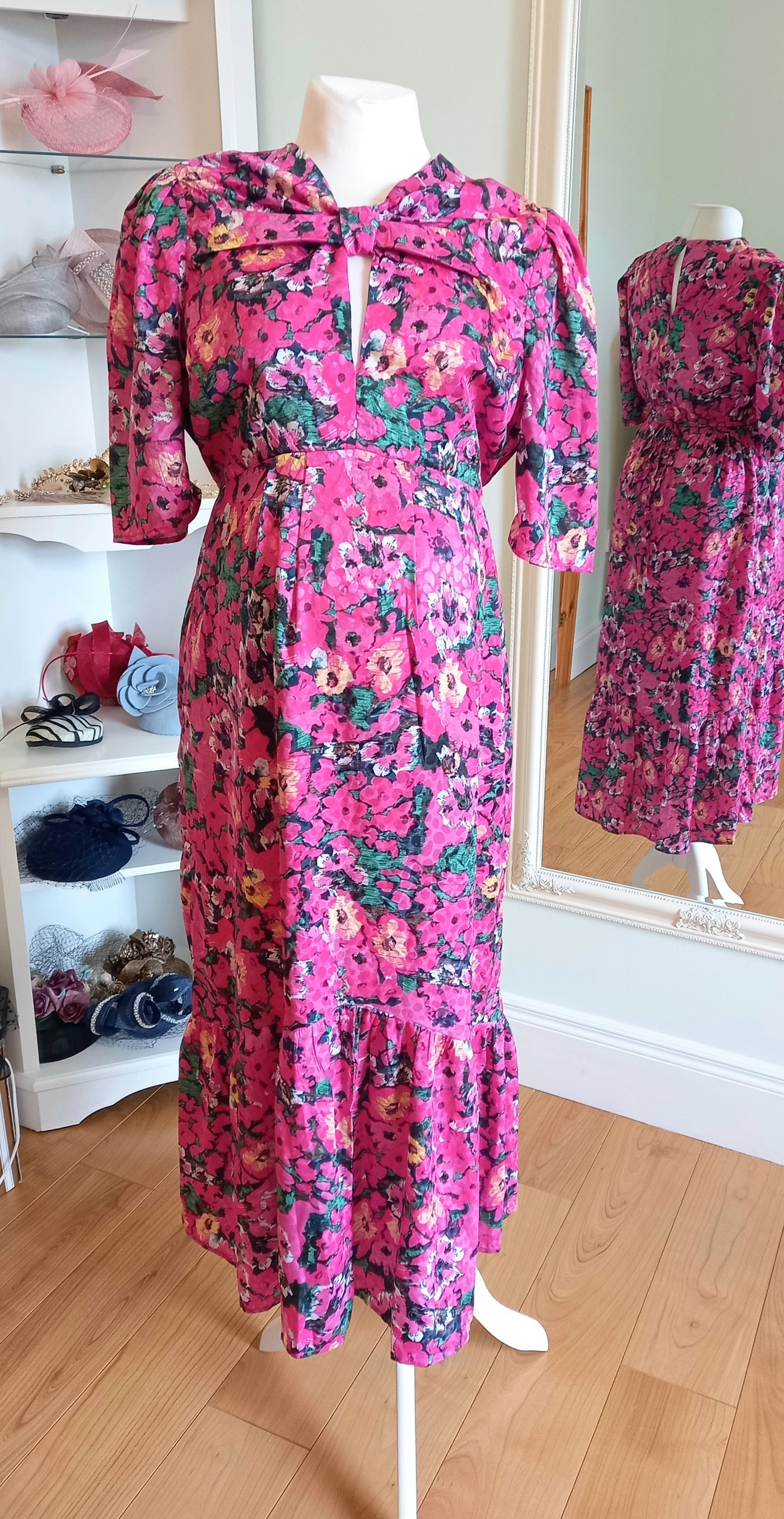 Hope & Ivy Fuchsia Pink Floral Puff Sleeve Midi Dress (BNWT) - Size 10 (more like size 8)