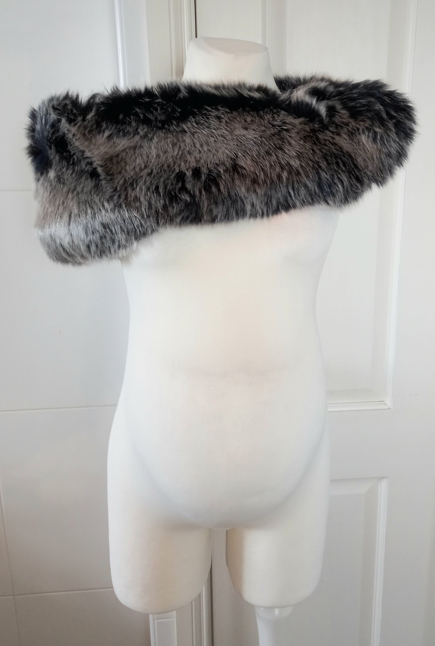 Black & Grey Faux Fur Shrug with Fastening Hook - One Size