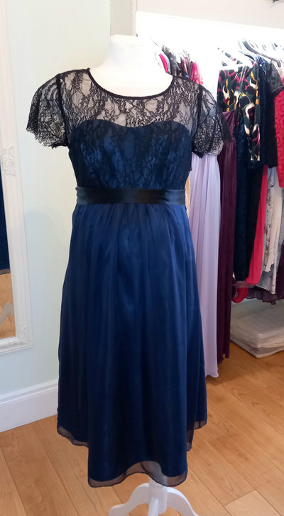 Seraphine Luxe Navy & Black Lace Cap Shoulder Dress with Waist Tie - Size 10