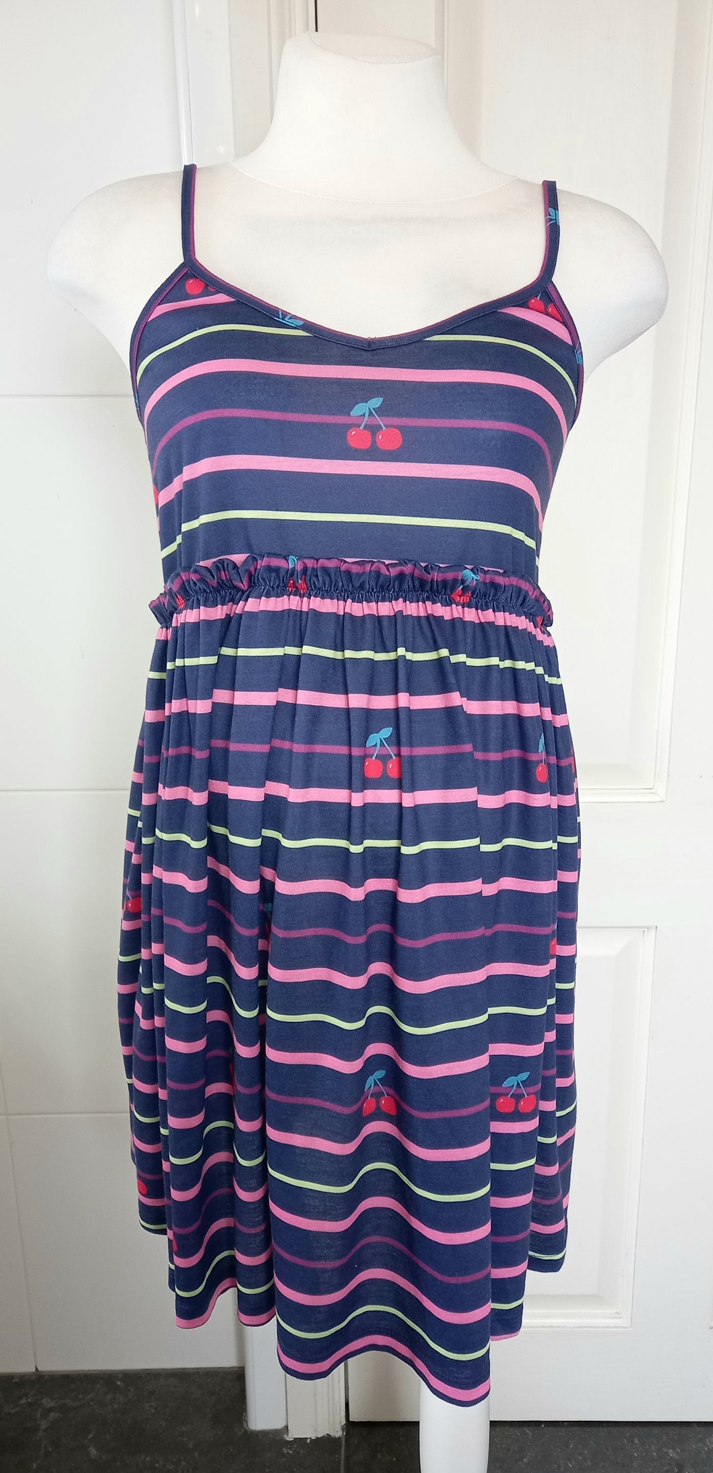 Asos Maternity Navy, Pink & Yellow Striped Cherry Print Dress - Size 8