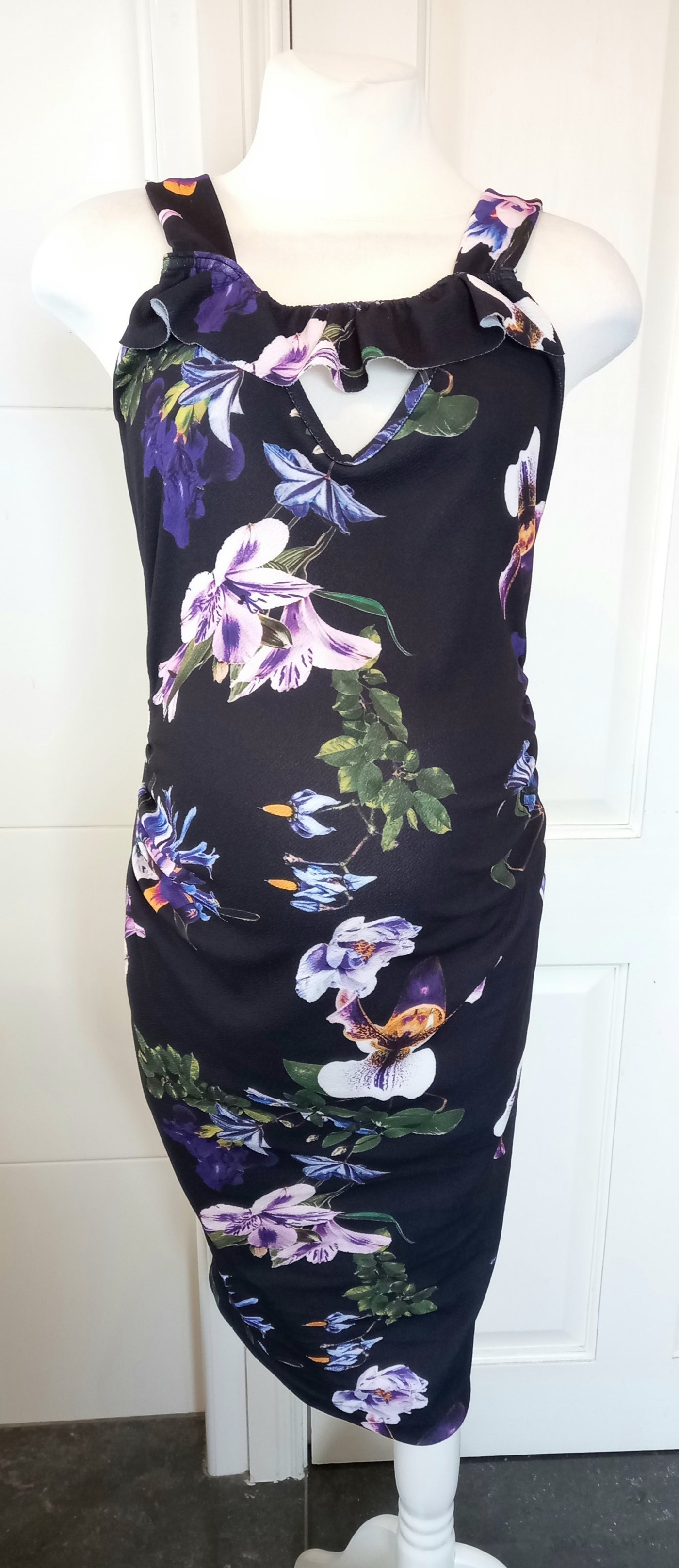 Boohoo Maternity Black & Purple Floral Midi Dress - Size 12