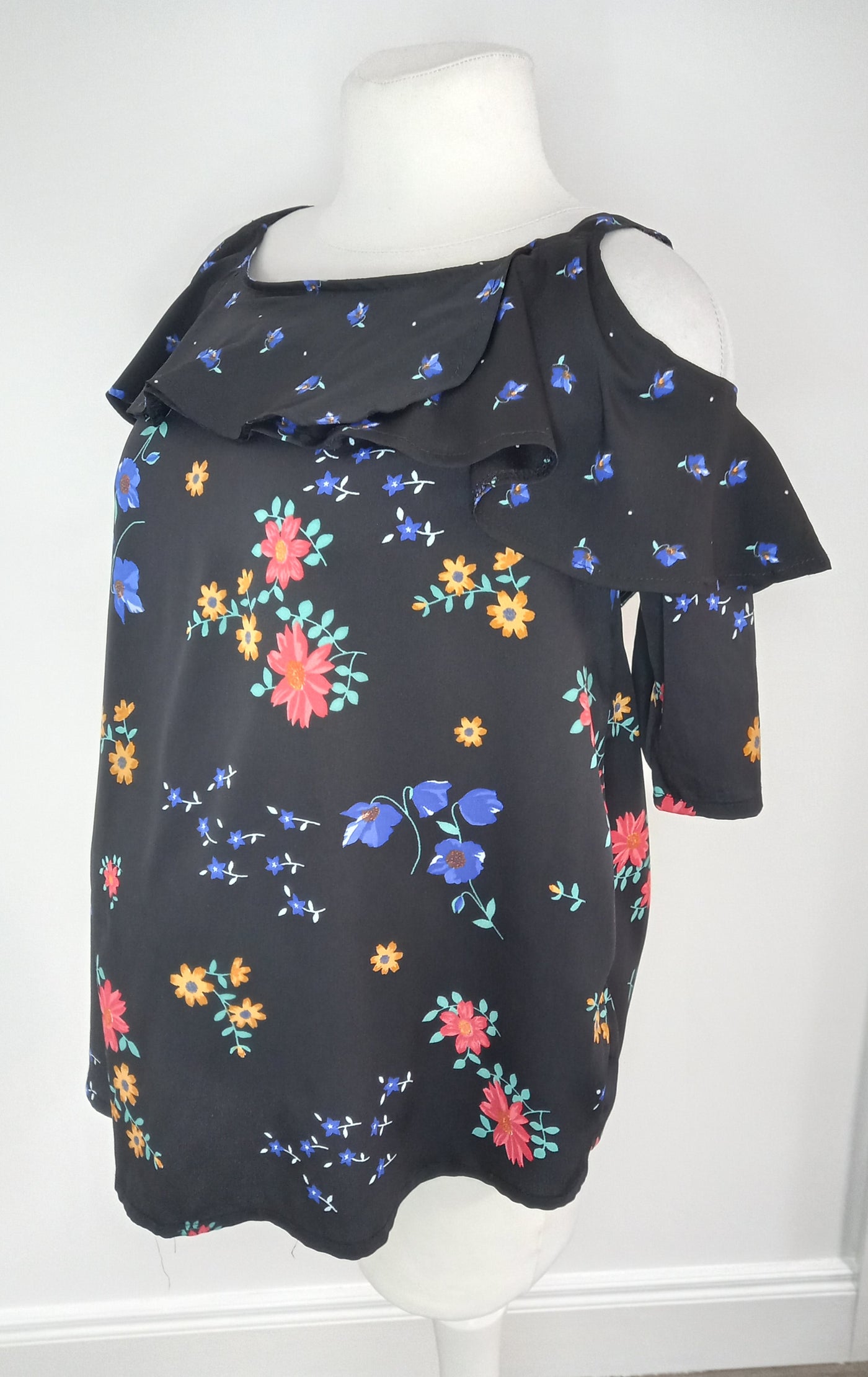 New Look Maternity Black Floral Bardot Frill Top - Size 14