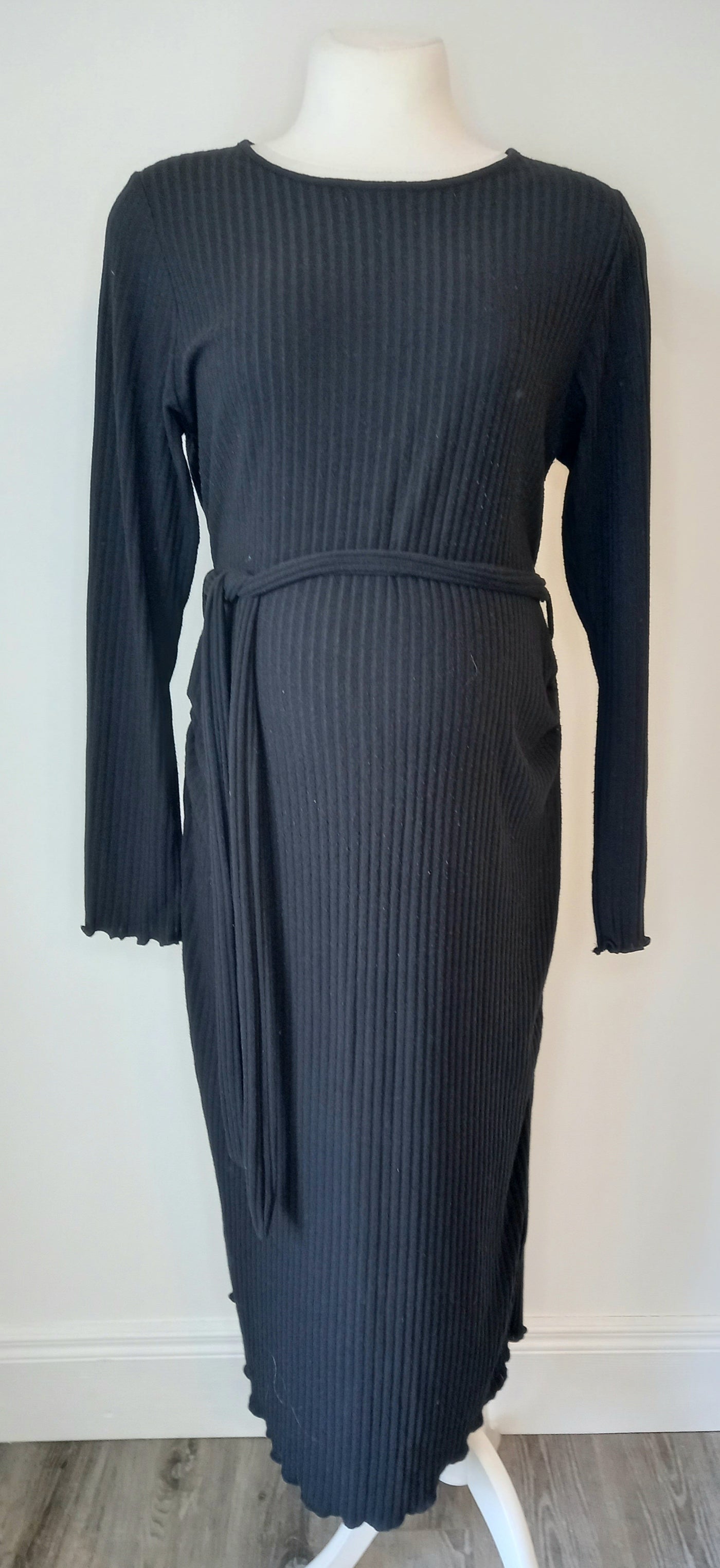 George Maternity Black Ribbed Midi Dress with Waist Tie - Size 18 (more like size 16)