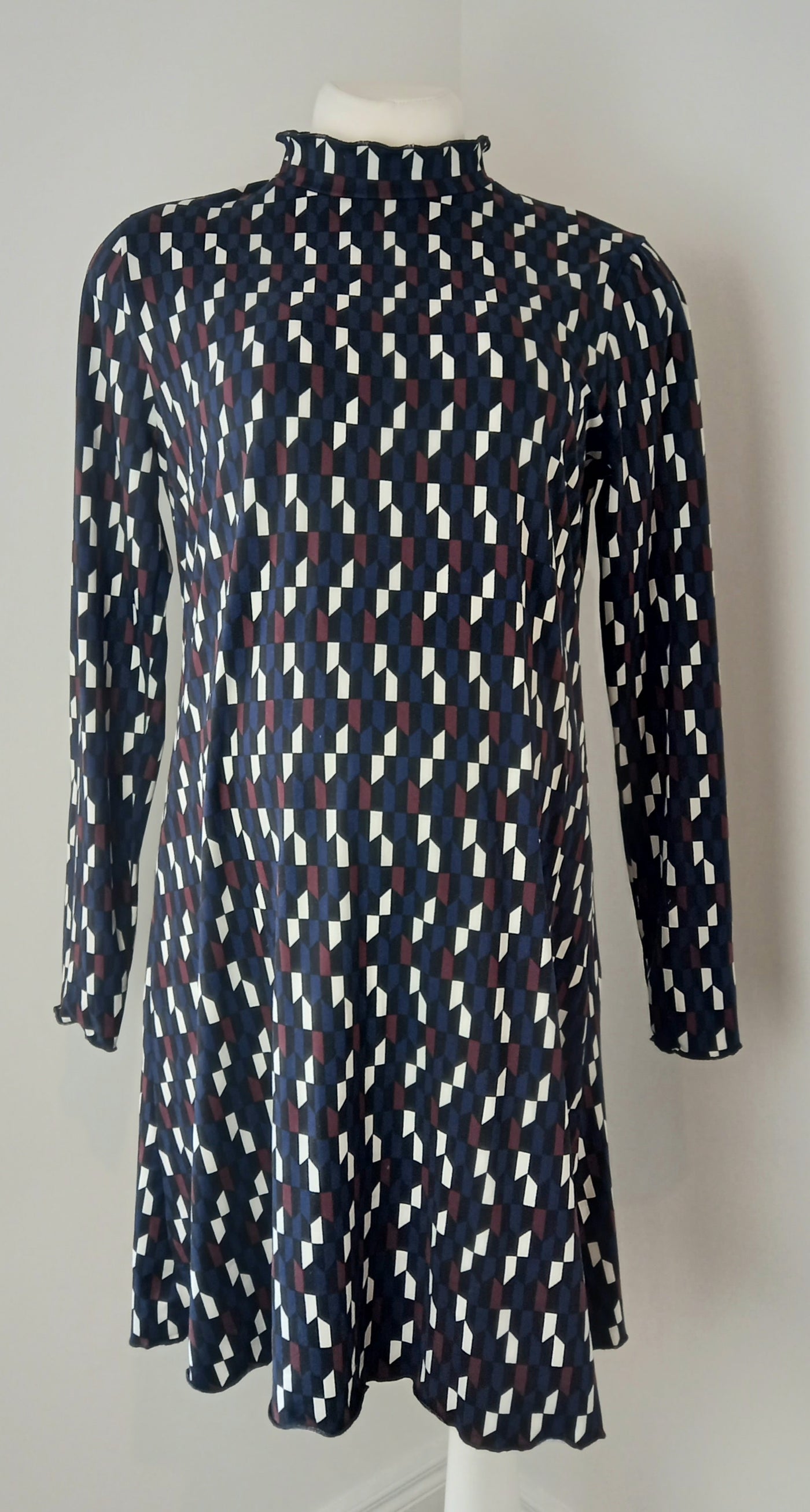 Primark Black, Blue, Maroon & White Geometric Print Dress - Size 14 (would suit size 12/14)