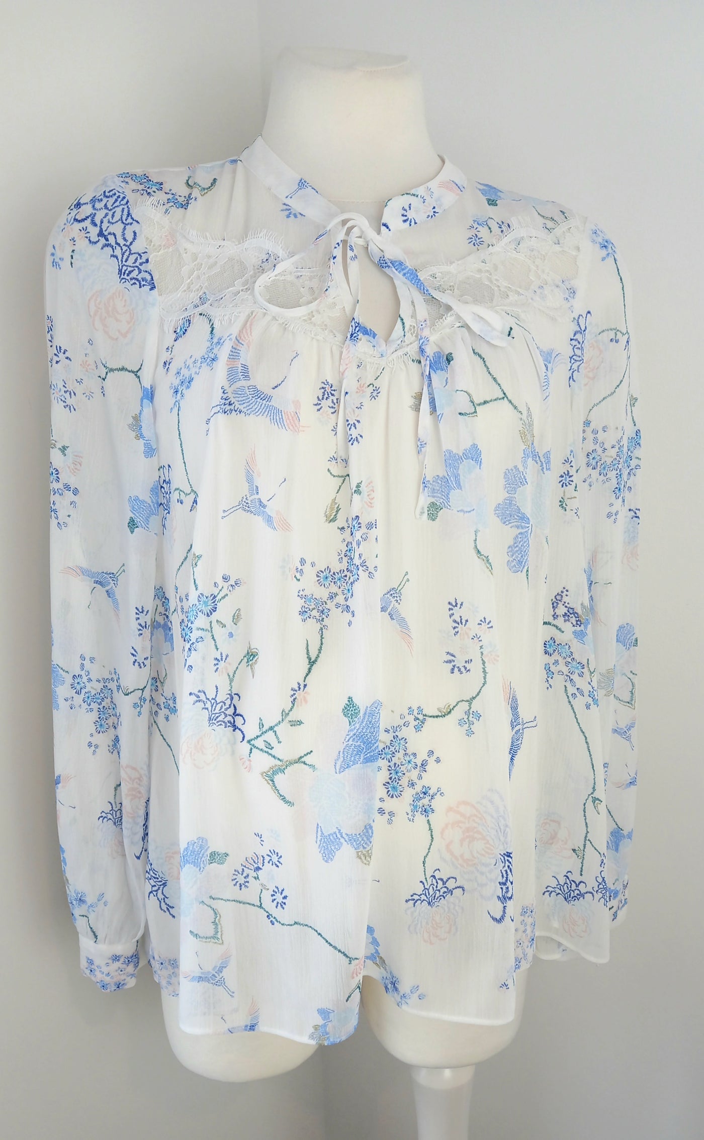 Primark White & Blue Floral Sheer Top - Size 10
