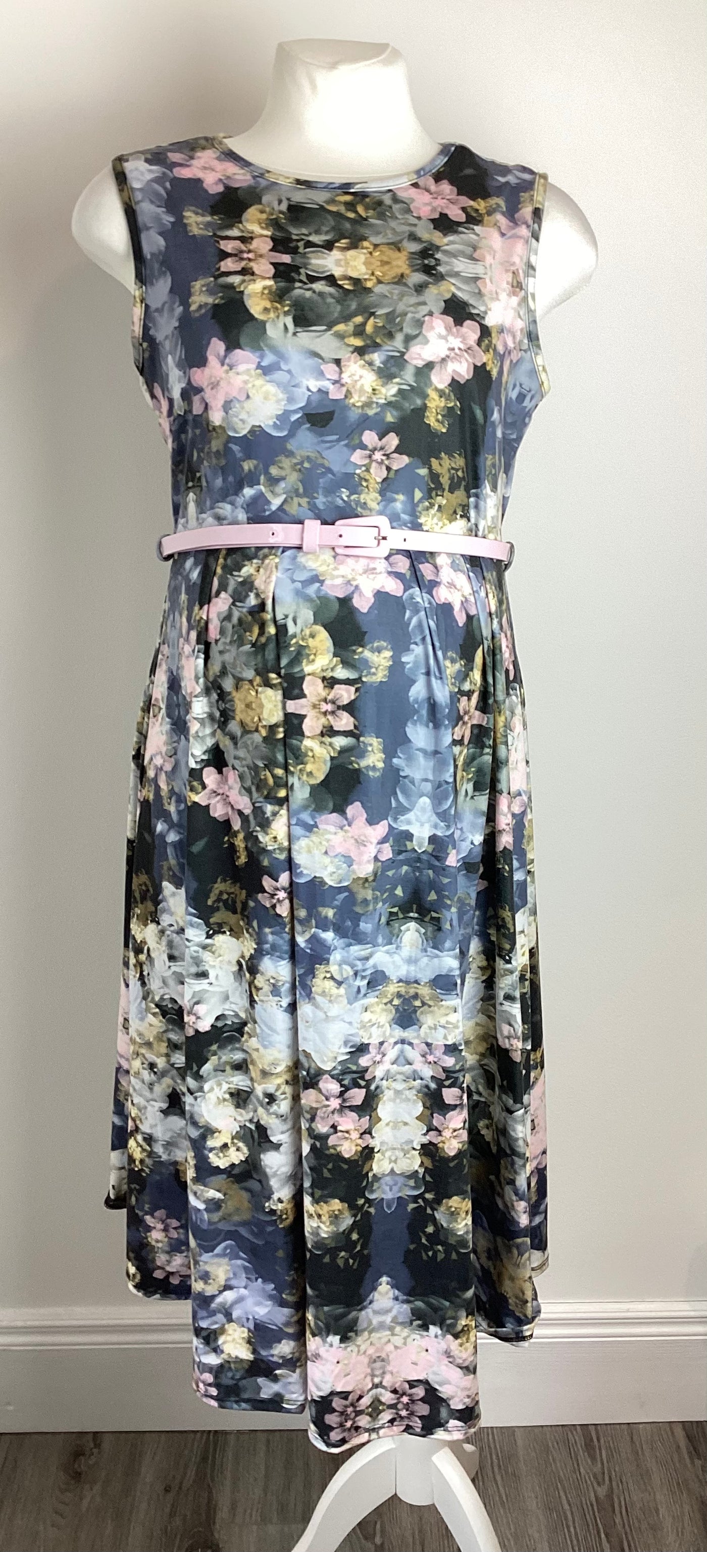 Asos Black, Pink & Blue Floral Sleeveless Dress with Belt - Size 12