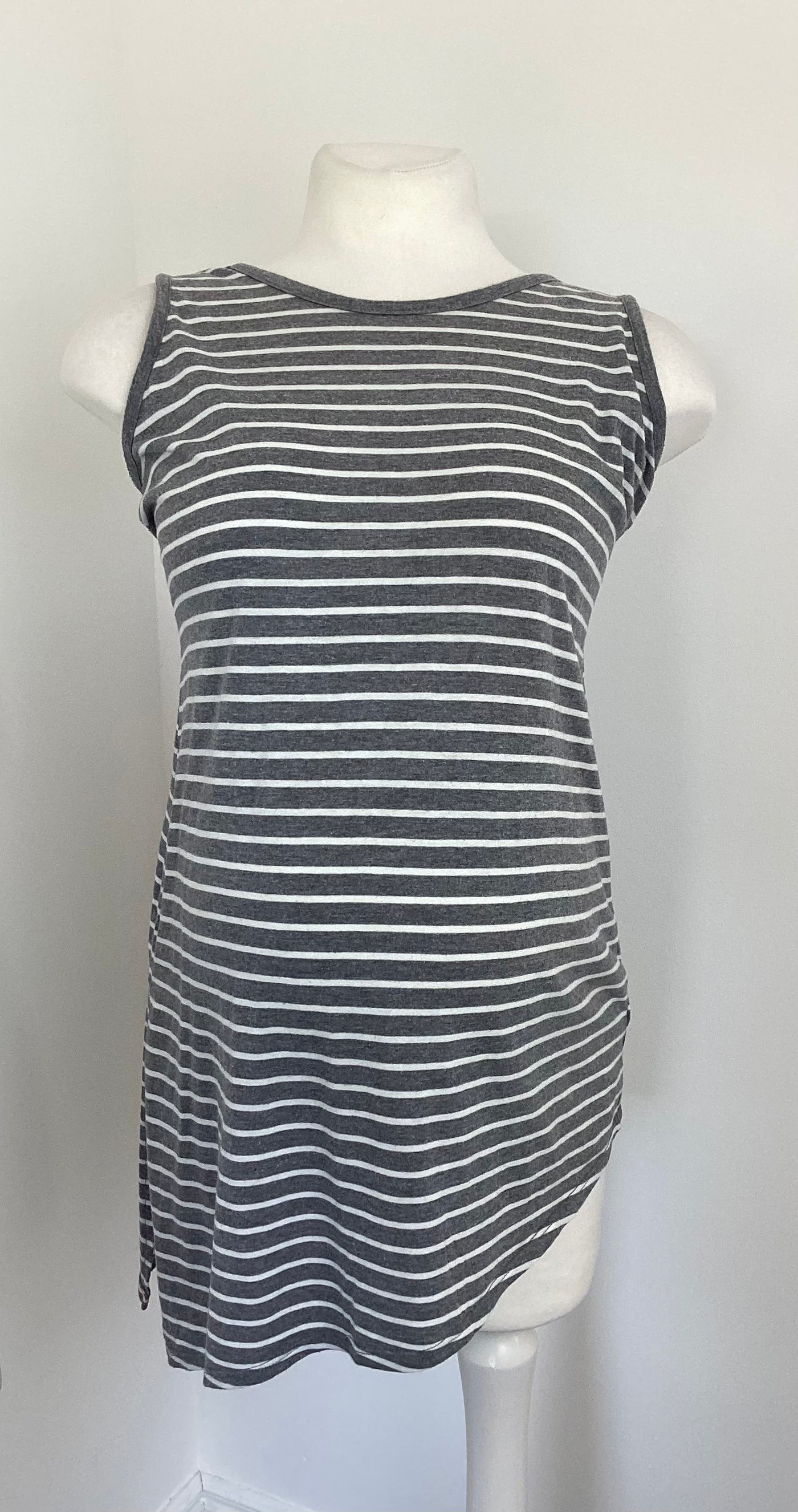 Motherhood Maternity grey & white striped sleeveless long length top with side split - Size M (Approx UK 10/12)