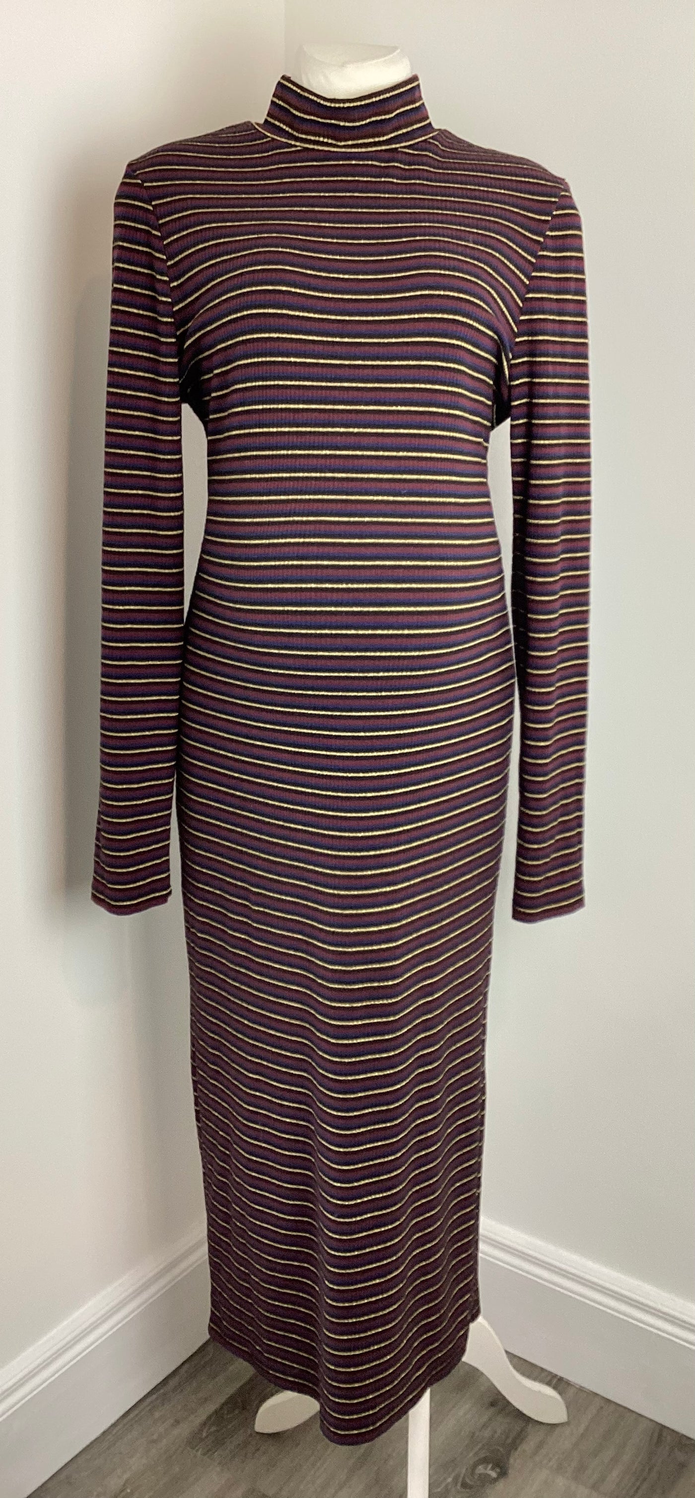 Topshop Maternity black/gold/navy/burgandy stripe polo neck long sleeved dress - Size 16