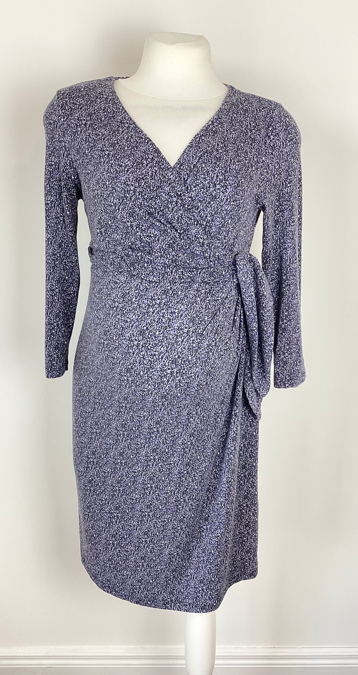 Seraphine Black, blue & white print crossover dress with waist tie - Size 8
